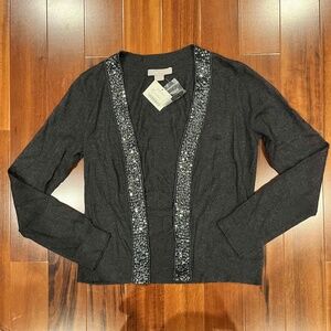 New NWT Janeville Gray Cashmere Cardigan Sweater Angora Wool Beaded Trim Size XS